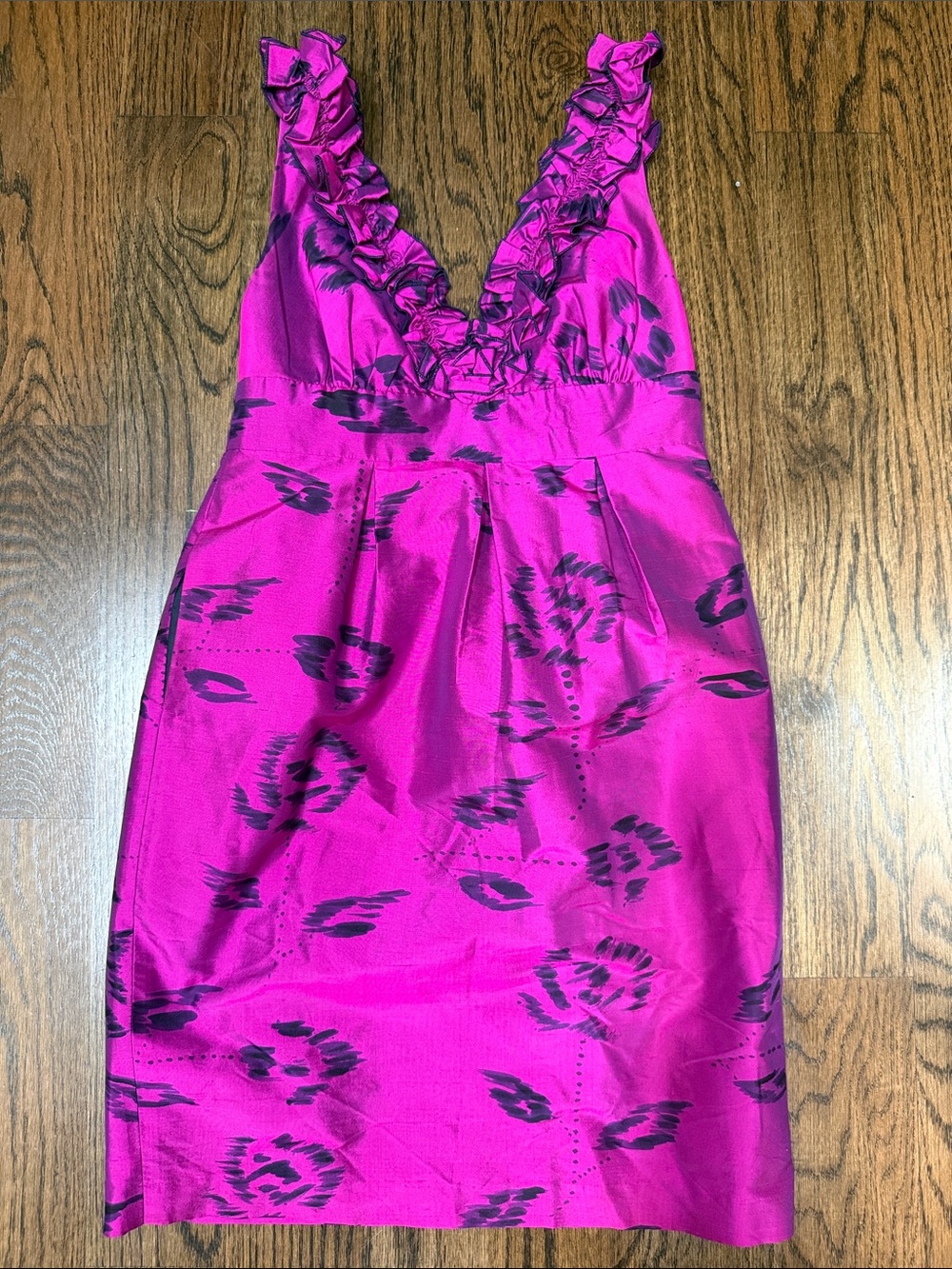 Thread Social GORGEOUS Fuchsia Pink Ruffled V-Neck Satin Midi Dress